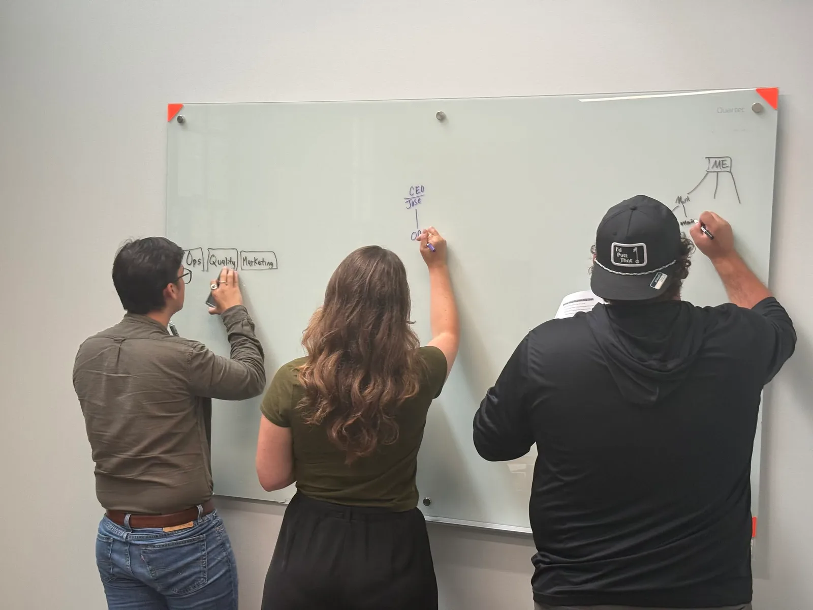 Local business owners working through roles and responsibilities together at a whiteboard