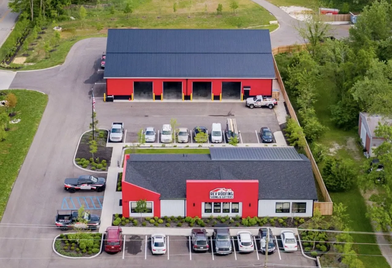 Aerial view of the RCV Roofing, Siding & Gutters offices and warehouse